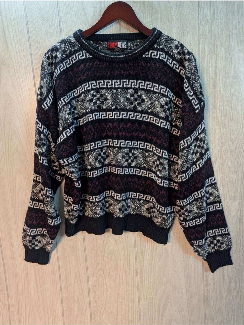Vintage Todays News Sweater Black Geometric Abstract Striped Pattern Size XL 90s